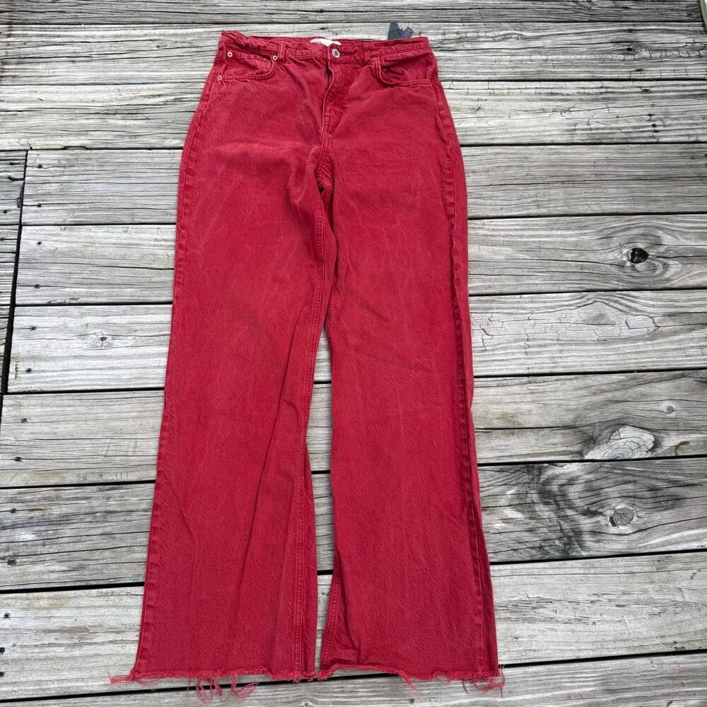 Zara The 90s Red Raw Hem High Rise Wide Leg Jeans Size 10